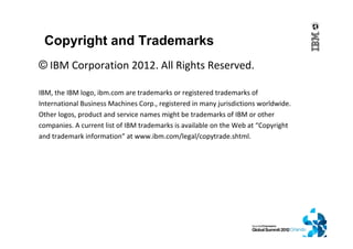 © IBM Corporation 2012. All Rights Reserved.
IBM, the IBM logo, ibm.com are trademarks or registered trademarks of
International Business Machines Corp., registered in many jurisdictions worldwide.
Other logos, product and service names might be trademarks of IBM or other
companies. A current list of IBM trademarks is available on the Web at “Copyright
and trademark information” at www.ibm.com/legal/copytrade.shtml.
Copyright and Trademarks
 