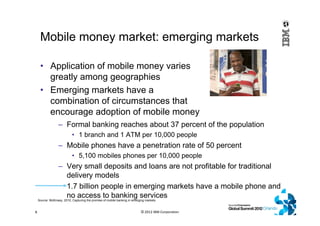 Mobile money market: emerging markets
• Application of mobile money varies
greatly among geographies
• Emerging markets have a
combination of circumstances that
encourage adoption of mobile money
© 2012 IBM Corporation8
Source: McKinsey, 2010, Capturing the promise of mobile banking in emerging markets
– Formal banking reaches about 37 percent of the population
• 1 branch and 1 ATM per 10,000 people
– Mobile phones have a penetration rate of 50 percent
• 5,100 mobiles phones per 10,000 people
– Very small deposits and loans are not profitable for traditional
delivery models
1.7 billion people in emerging markets have a mobile phone and
no access to banking services
 