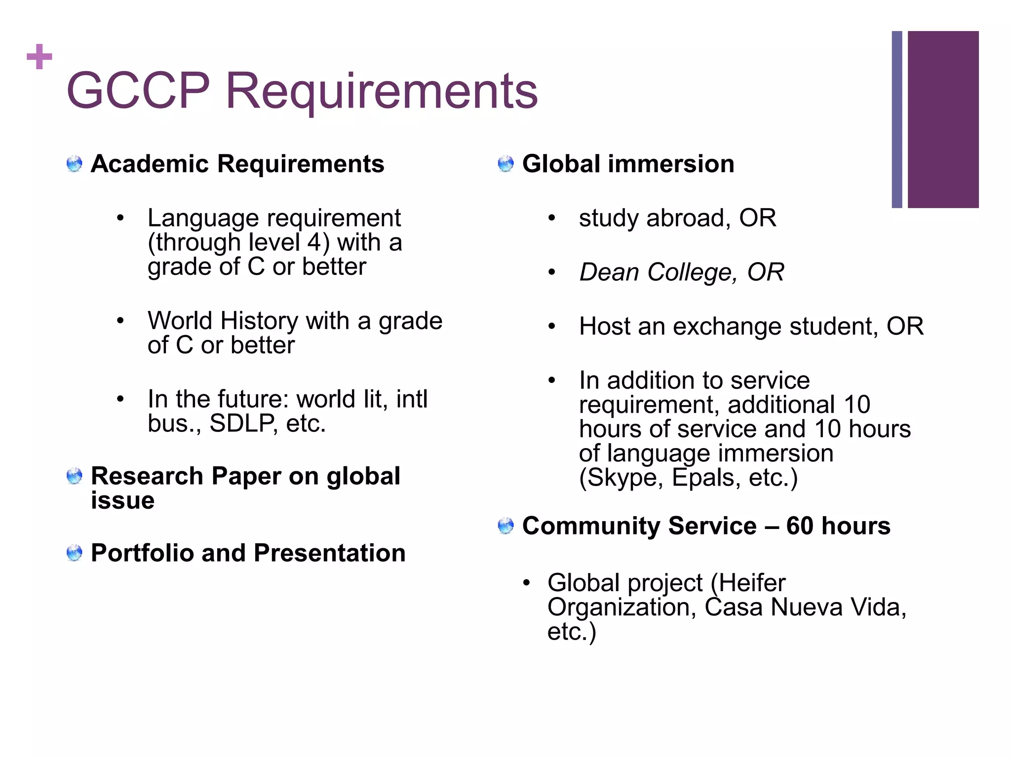 + 
GCCP Requirements 
Academic Requirements 
• Language requirement 
(through level 4) with a 
grade of C or better 
• World History with a grade 
of C or better 
• In the future: world lit, intl 
bus., SDLP, etc. 
Research Paper on global 
issue 
Portfolio and Presentation 
Global immersion 
• study abroad, OR 
• Dean College, OR 
• Host an exchange student, OR 
• In addition to service 
requirement, additional 10 
hours of service and 10 hours 
of language immersion 
(Skype, Epals, etc.) 
Community Service – 60 hours 
• Global project (Heifer 
Organization, Casa Nueva Vida, 
etc.) 
 