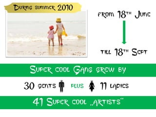 During summer 2010
                        from 18th June



                        till 18th Sept

     Super cool Gang grew by
   30 gents      plus   11 ladies
     41 Super cool „artists“
 