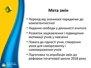 Мета змін1
• Перехід від знаннєвої парадигми до
компетентністної
• Надання свободи у діяльності вчителя
• Розвиток зацікавлення і підвищення
мотивації учнів у навчанні
• Повага до гідності учня, створення
умов для саморозвитку і
самовираження учнів
• Підготовка та апробація змін до
реформи початкової школи 2018 року
 