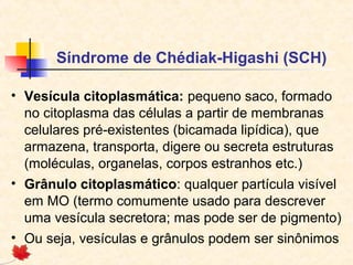 Síndrome de Chédiak-Higashi (SCH)
• Vesícula citoplasmática: pequeno saco, formado
no citoplasma das células a partir de membranas
celulares pré-existentes (bicamada lipídica), que
armazena, transporta, digere ou secreta estruturas
(moléculas, organelas, corpos estranhos etc.)
• Grânulo citoplasmático: qualquer partícula visível
em MO (termo comumente usado para descrever
uma vesícula secretora; mas pode ser de pigmento)
• Ou seja, vesículas e grânulos podem ser sinônimos

 