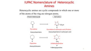 IUPAC Nomenclature of Heterocyclic
Amines
11
Heterocyclic amines are cyclic compounds in which one or more
of the atoms of the ring are nitrogen atoms.
 
