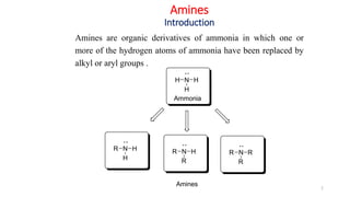 Amines
Introduction
2
Amines are organic derivatives of ammonia in which one or
more of the hydrogen atoms of ammonia have been replaced by
alkyl or aryl groups .
H N H
H
Ammonia
R N H
H
Amines
R N H
R
R N R
R
 