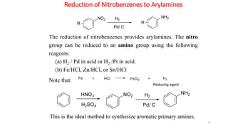 Reduction of Nitrobenzenes to Arylamines
26
The reduction of nitrobenzenes provides arylamines. The nitro
group can be reduced to an amino group using the following
reagents:
(a) H2 / Pd in acid or H2 /Pt in acid.
(b) Fe/HCl, Zn/HCl, or Sn/HCl
NO2 H2
Pd/ C
NH2
R
R
Note that:
This is the ideal method to synthesize aromatic primary amines.
 