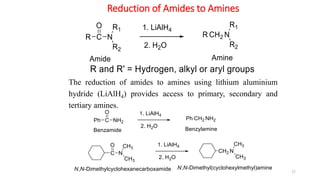 Reduction of Amides to Amines
27
The reduction of amides to amines using lithium aluminium
hydride (LiAlH4) provides access to primary, secondary and
tertiary amines.
 