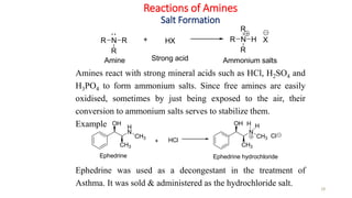 Reactions of Amines
Salt Formation
28
Amines react with strong mineral acids such as HCl, H2SO4 and
H3PO4 to form ammonium salts. Since free amines are easily
oxidised, sometimes by just being exposed to the air, their
conversion to ammonium salts serves to stabilize them.
Example
N R
R
R
HX
Ammonium salts
N H
R
R
R
X
+
Amine Strong acid
HCl
Ephedrine hydrochloride
+
Ephedrine
H
N
OH
CH3
CH3
N
OH
CH3
CH3
H H
Cl
Ephedrine was used as a decongestant in the treatment of
Asthma. It was sold & administered as the hydrochloride salt.
 