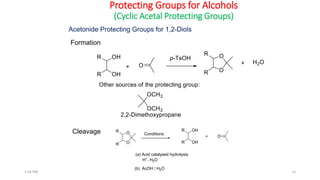 Protecting Groups for Alcohols
(Cyclic Acetal Protecting Groups)
Formation
Cleavage
Acetonide Protecting Groups for 1,2-Diols
R OH
OHR
+ O
O
OR
R
Conditions
(a) Acid catalysed hydrolysis
H+
, H2O
(b) AcOH / H2O
161:56 PM
 