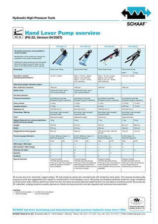 Hand Lever Pump overview
                 (PG 22, Version 04/2007)

                                                            HP 1600-1S                       HP 1600-2S                         HP 3000-HT                         HP 4000-LT

 All pumps and power units available in
 various models.

 Modification of the model can change the
 evaluation of the areas of application.

 Additional model variations and information
 about the respective pump types can be
 found in the data sheets or upon request.

Pump type:                                      Hand Lever Pump                  Hand Lever Pump                    Hand Lever Pump                   Hand Lever Pump

                                                                                                                                                      Short             Long
Geometric volume /                              1.8 cm³ / stroke                 Step 1: 2.8 cm³ / stroke           Step 1: 32 cm³ / stroke           0.39 cm³ / stroke
Conveying performance:                                                           approx. up to 600 bar              approx. up to 30 bar
                                                                                 Step 2: 1.3 cm³ / stroke           Step 2: 0.9 cm³ / stroke
                                                                                 up to 1600 bar                     up to 3000 bar
Operating voltage / Nominal output:             --                               --                                 --                                --
Max. Hydraulic pressure:                        1600 bar                         1600 bar                           3000 bar                          4000 bar
Safety valve:                                   Positioned inside, set to        Positioned inside, set to
                                                max. pump pressure               max. pump pressure
Oil-level indicator:                            --                               --                                 --                                --
Pressure connection:                            According to type key            According to type key              According to type key             According to type key




                                                                                                                                                                                       PG22-übersicht.e_0407_indd_online · Errors excepted. Data will change as developments occur. Only the latest state of the art design is decisive. Copyright as per standard ISO 16016.
                                                Broadest range of variations     Broadest range of variations       Broadest range of variations      Broadest range of variations
Tank content:                                   3.3 litre                        3.7 litre                          2.1 litre                         0.73 litre        1.5 litre
Useable volume:                                 3.1 litre                        3.4 litre                          2.0 litre                         0.63 litre        1.3 litre
Hydraulic oil:                                  HLP ISO VG 15                    HLP ISO VG 15                      HLP ISO VG 15                     HLP ISO VG 15
Pump body / Set-up:                             Burnished, high-strength         Burnished, high-strength           Burnished, high-strength          Burnished, high-strength
                                                tempered steel                   tempered steel                     tempered steel                    tempered steel
Tank:                                           Steel tank coated                Steel tank coated                  Aluminium                         Steel tube tank
Weight (filled with oil, without distributor,   19 kg                            24 kg                              17 kg                             11 kg             10 kg
without pressure gauge)
Length:                                         750 mm                           870 mm                             830 mm                            651 mm            660 mm
Width:                                          270 mm                           270 mm                             200 mm                            199 mm            130 mm
Height with pressure gauge:                     285 mm                           280 mm                             292 mm (Ø 100) / 300 mm           218 mm            215 mm
                                                                                                                    (Ø 160)
Pressure gauge Standard:                        Ø 100, 1600 bar, Class 1.0,      Ø 100, 1600 bar, Class 1.0,        Ø 100, Class 1.0,                 Ø 100, Class 1.0,
                                                filled with glycerine            filled with glycerine              filled with glycerine             filled with glycerine
Areas of Application:                           small              big           small            big               klein            groß             klein             groß
SSV single / HM single                          ++                 +             ++               +                 ++               +                O                 -
SSV multiple / HM multiple                      +                  -             ++               +                 +                O                O                 -
Oil press-fit radial                            O                  -             O                -                 ++               +                ++                O
ExpaTen                                         O                  -             O                -                 +                O                -                 -
EcoRolls                                        O                  -             O                -                 O                -                -                 -
Special features:                               Pressure-tested:                 Pressure-tested:                   Pressure-tested:                  Pressure-tested:
                                                150,000 load alternations,       150,000 load alternations,         150,000 load alternations,        50,000 load alternations,
                                                0 bar up to max. bar pressure,   0 bar up to max. bar pressure,     0 bar up to max. bar pressure,    0 bar up to max. bar pressure,
                                                external pressure limitation     external pressure limitation       external pressure limitation      Quick disassembly for
                                                valve available.                 valve available, Spare parts kit   valve available, Mining version   transporting, portable set.
                                                                                 in the tank included.              available.




All pumps are of an extremely rugged design. All high-pressure valves are manufactured with hardened valve seats. This ensures exceptionally
long service life and ruggedness with regard to contaminants in the hydraulic circuit. All pumps are therefore perfectly suited for rough conditions
at construction sites. Steel or aluminium tanks function the same as sturdy tube and angle frames in air and electric powered pumps. All pumps are
CE classified, undergo extensive quality assurance checks during production and are supplied with extensive documentation.

Labelling:
++ Highly recommended O Limited recommendation
+ Recommended         - Not recommended
 