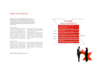 Vaste bemiddeling

Goede werknemers zijn een belangrijke succesfactor van een
organisatie. Het is in dit licht belangrijk dat u goede mensen in dienst
heeft en deze aan u weet te binden. Wanneer u een vacature heeft
voor vast dienstverband in marketing, communicatie of sales voor een                                                    werkwijze
hoger opgeleide medewerker kunt u gebruik maken van de kwalitatief
hoogwaardige dienstverlening van SchaalX in werving & selectie of in
executive search.
                                                                                                                    vaste bemiddeling
                                                                                                               Persoonlijke kennismaking en inventarisatie
                                                                                                               Haalbaarheid en advisering
Werving & Selectie                                                                                             Opdrachtbevestiging
Wij hanteren een uitgekiende wervingstrategie    Van het begin tot het einde van het werving                   Uitgebreid functieprofiel en goedkeuring
en zorgen voor een gedegen selectie en           & selectietraject krijgt u een vaste consultant.
nemen u hiermee veel werk uit handen.            Deze houdt met u persoonlijk contact over de                  Wervingsstrategie
                                                                                                    week 1-2
Interviewen is een vak. De SchaalX consultants   voortgang van het traject.                                    Database       Netwerk     Website   Adverteren
interviewen kandidaten uitgebreid en zeer        Bovendien adviseert onze consultant u over de
zorgvuldig. Ze halen daarmee de persoon          optimale strategie om de juiste kandidaat zo                  Selectie en competentiegerichte interviews
                                                                                                    week 3-5
                                                                                                               (gem. 5 – 10 kandidaten)
achter het cv naar boven, inclusief sterke       snel mogelijk aan u voor te kunnen stellen. En
punten, ontwikkelpunten, drijfveren en           na plaatsing evalueren wij met de betrokken                                                                             aanscherping
                                                                                                               Presentatie, toelichting en advisering kandidaten
ambities. Na het interview kunnen zij bepalen    partijen en houden we contact. SchaalX             week 4-6
                                                                                                               (gem. 2 – 5 kandidaten)
of er wel of geen match is met de functie en     hanteert het stappenplan dat hiernaast staat
uw bedrijf en kunnen dat ook onderbouwen.        afgebeeld.                                         week 5-8   Sollicitatiegesprekken bij opdrachtgever incl. feedback

                                                                                                               Indiensttreding
Executive Search
SchaalX biedt naast werving & selectie           uitgebreide netwerk als daarbuiten. Executive                 Evaluatie met opdrachtgever en kandidaat
ook executive search. Executive search           search is een doelmatig middel wanneer het
onderscheidt zich van werving & selectie         gaat om complexere en zwaardere functies.
door de actieve, persoonlijke benadering van     Of wanneer het gaat om een unieke functie
latent geïnteresseerden. Wij benaderen actief    met specifieke eisen en wensen aan de
kandidaten op basis van het gezamenlijk          gewenste kandidaat qua werkervaring of
geformuleerde functieprofiel, zowel in ons       branche.




Wat betekent kwaliteit voor u?
 