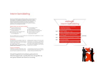 Interim bemiddeling

De inzet van flexibele arbeid in Nederland stijgt en zal de komende jaren
blijven stijgen. In de vakgebieden marketing, communicatie en sales
zijn relatief veel professionals op flexibele basis actief. De professionals
hebben uiteenlopende specialisaties en ervaring in verschillende                                                     werkwijze
branches. Ze zijn in staat om een opdracht snel en goed op te pakken
gedurende een overeengekomen periode.                                                                          interim bemiddeling
Waarom kiezen voor een interim invulling?                                                                     Persoonlijke kennismaking en inventarisatie
   Voor het opvangen van een                           Ter overbrugging van een                               Haalbaarheid & advisering
   tijdelijk capaciteitsprobleem                       personeelswisseling                                    Functieprofiel & goedkeuring
   Voor het opvangen van een                           Gedurende een vakantieperiode
   zwangerschapsverlof                                 Voor het bedienen van nieuwe klanten                   Wervingsstrategie
                                                                                                    dag 1-2
   Voor de duur van een specifiek project              In geval van fusies of overnames                       Database       (Persoonlijk) netwerk   Website
   Bij langdurige ziekte van een                       Voor de introductie van een
   van uw medewerkers                                  nieuw product of dienst                                Selectie van beschikbare en geïnterviewde kandidaten;
                                                                                                    dag 3     Presentatie, toelichting en advisering kandidaten
Voor het tijdelijk inhuren van een kandidaat zijn er bij SchaalX twee mogelijkheden, te weten                 (gem. 1 – 3 kandidaten)
                                                                                                                                                                        aanscherping
detachering en freelance-bemiddeling.
                                                                                                    dag 4     Sollicitatiegesprekken bij opdrachtgever incl. feedback

Detachering
                                                                                                    dag 5     Start interim kandidaat
Bij detachering is de kandidaat in dienst van       selectieprocedure werken zij vanuit een vast
SchaalX. Een gevolg van het dienstverband bij       dienstverband bij SchaalX bij verschillende
                                                                                                              Periodieke evaluatie met opdrachtgever en kandidaat
SchaalX is dat SchaalX zorgt voor de afdracht       opdrachtgevers op wisselende plekken. Ze zijn
van loonheffing en premies.                         zeer ervaren, breed inzetbaar en pragmatisch.
Een selecte groep van gedetacheerden is             Een professionele begeleiding vanuit SchaalX
SchaalX Interim Professional. Na een strenge        draagt bij aan hun kwaliteit.


Freelance bemiddeling
Freelancers zijn ervaren, zelfstandige profes-      van Koophandel en daarmee niet in loondienst.
sionals. Zij zijn zelfstandige ondernemers zonder   SchaalX bemiddelt alleen freelancers met een
personeel (zzp-ers), ingeschreven bij de Kamer      geldige Verklaring ArbeidsRelatie (VAR).



SchaalX begeleidt de kandidaat gedurende de
detacheringsperiode, waarbij deze kan terugvallen op
een groot netwerk aan kennis en ervaring.
 