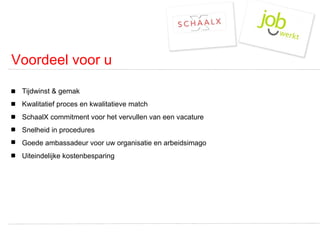 Voordeel voor u Tijdwinst & gemak  Kwalitatief proces en kwalitatieve match  SchaalX commitment voor het vervullen van een vacature Snelheid in procedures  Goede ambassadeur voor uw organisatie en arbeidsimago  Uiteindelijke kostenbesparing 