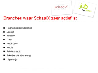 Branches waar SchaalX zeer actief is: Financiële dienstverlening  Energie Telecom Retail Automotive FMCG Publieke sector  Zakelijke dienstverlening Uitgeverijen 