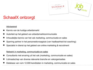 SchaalX ontzorgt Adviserend Kennis van de huidige arbeidsmarkt Autoriteit op het gebied van arbeidsmarktcommunicatie Inhoudelijke kennis van het vak marketing, communicatie en sales Sparring partner in het personeelsvraagstuk (van haalbaarheid tot coaching) Specialist in dienst op het gebied van online marketing & recruitment Netwerk in marketing, communicatie en sales Consultants met ervaring uit het vak (marketing, communicatie en sales) Lidmaatschap van diverse relevante branche en vakorganisaties Database van ruim 12.000 kandidaten in marketing, communicatie en sales 