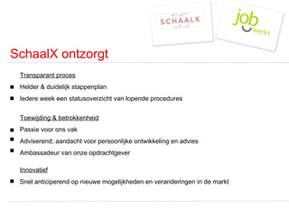 SchaalX ontzorgt Transparant proces Helder & duidelijk stappenplan Iedere week een statusoverzicht van lopende procedures Toewijding & betrokkenheid Passie voor ons vak Adviserend; aandacht voor persoonlijke ontwikkeling en advies Ambassadeur van onze opdrachtgever Innovatief Snel anticiperend op nieuwe mogelijkheden en veranderingen in de markt 