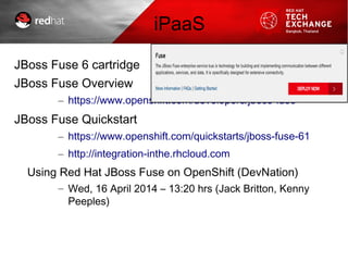 JBoss Fuse 6 cartridge
JBoss Fuse Overview
– https://www.openshift.com/developers/jboss-fuse
JBoss Fuse Quickstart
– https://www.openshift.com/quickstarts/jboss-fuse-61
– http://integration-inthe.rhcloud.com
Using Red Hat JBoss Fuse on OpenShift (DevNation)
– Wed, 16 April 2014 – 13:20 hrs (Jack Britton, Kenny
Peeples)
iPaaS
 