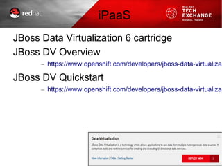 iPaaS
JBoss Data Virtualization 6 cartridge
JBoss DV Overview
– https://www.openshift.com/developers/jboss-data-virtualizat
JBoss DV Quickstart
– https://www.openshift.com/developers/jboss-data-virtualizat
 