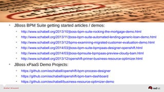 `
• JBoss BPM Suite getting started articles / demos:
• http://www.schabell.org/2013/10/jboss-bpm-suite-rocking-the-mortgage-demo.html
• http://www.schabell.org/2013/11/jboss-bpm-suite-automated-lending-generic-loan-demo.html
• http://www.schabell.org/2013/12/bpms-examining-migrated-customer-evaluation-demo.html
• http://www.schabell.org/2013/12/openshift-primer-business-resource-optimizer.html
• https://www.openshift.com/xpaas
• JBoss xPaaS Demo Projects:
• https://github.com/eschabell/cartridge-bpmPaaS
• https://github.com/eschabell/cartridge-bpmPaaS-generic-loan-demo
 