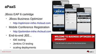 aPaaS
JBoss EAP 6 cartridge
• JBoss Business Optimizer
• http://optimizer-inthe.rhcloud.com
• Mobile Conference Registration
• http://jaxlondon-inthe.rhcloud.com
• End-to-end JEE...
• IDE tooling
• Jenkins CI testing
• scaling deployments
 