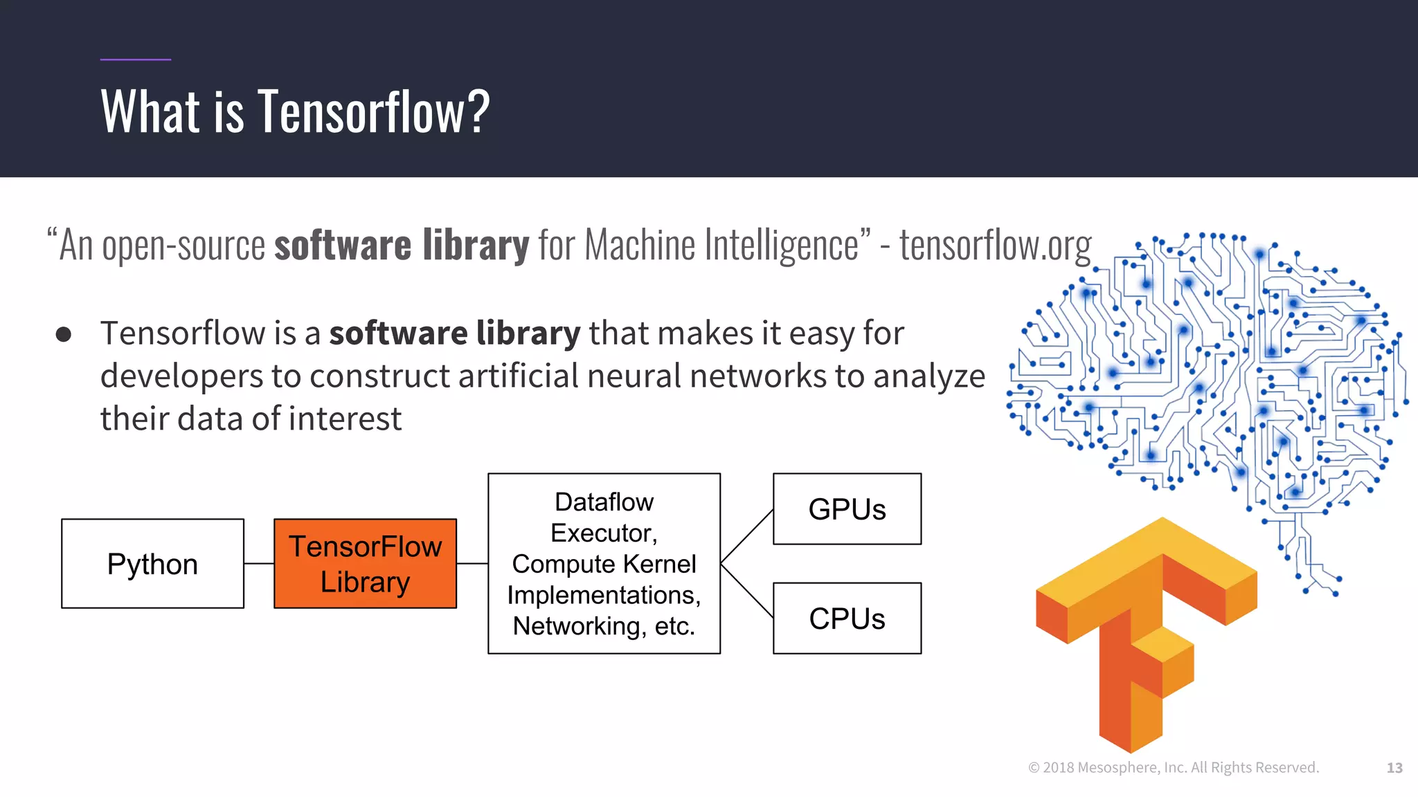 © 2018 Mesosphere, Inc. All Rights Reserved. 13
What is Tensorflow?
“An open-source software library for Machine Intelligence” - tensorflow.org
● Tensorflow is a software library that makes it easy for
developers to construct artificial neural networks to analyze
their data of interest
TensorFlow
Library
Python
Dataflow
Executor,
Compute Kernel
Implementations,
Networking, etc.
GPUs
CPUs
 