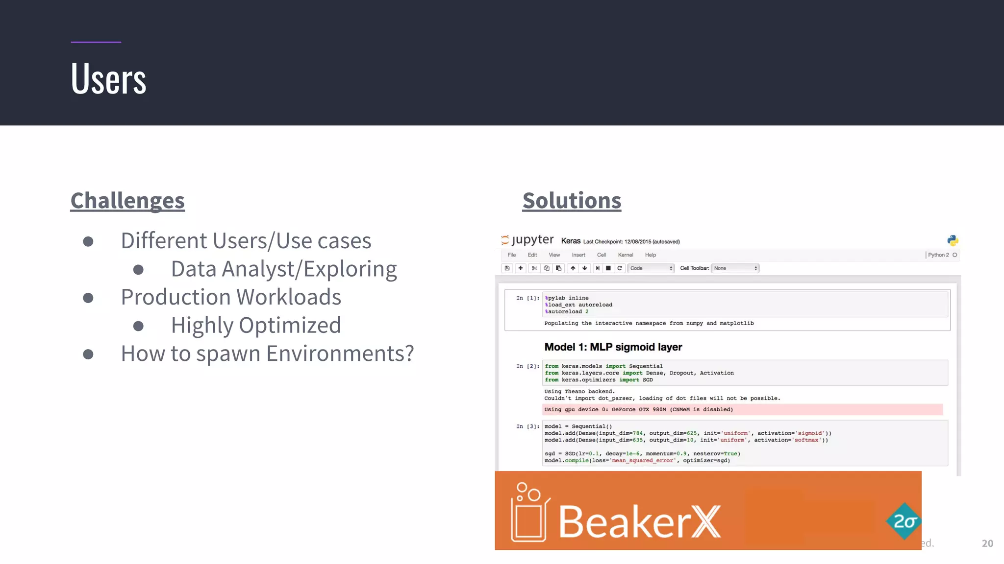 © 2018 Mesosphere, Inc. All Rights Reserved. 20
Challenges
● Different Users/Use cases
● Data Analyst/Exploring
● Production Workloads
● Highly Optimized
● How to spawn Environments?
Solutions
Users
 