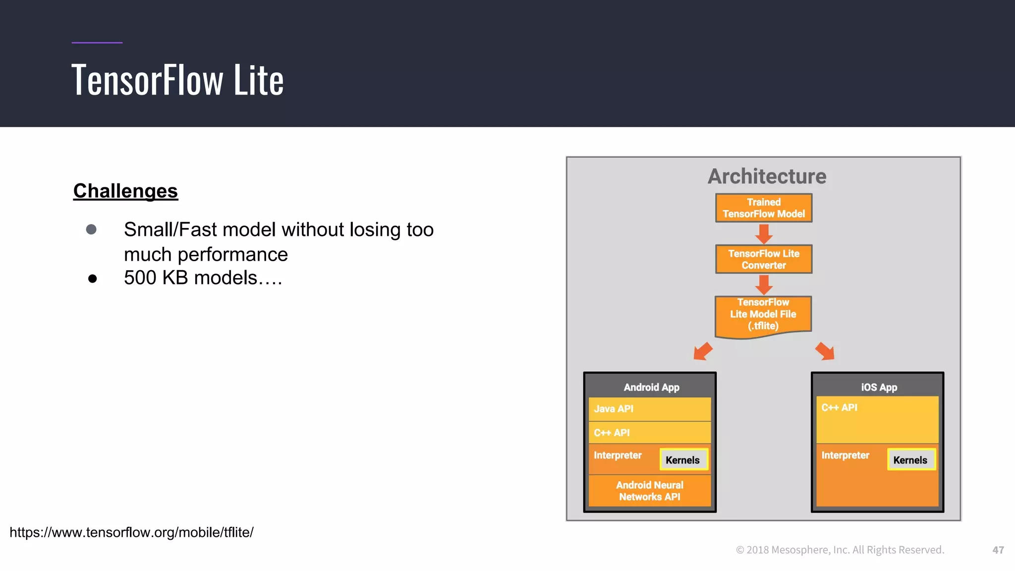 © 2018 Mesosphere, Inc. All Rights Reserved.
TensorFlow Lite
47
https://www.tensorflow.org/mobile/tflite/
Challenges
● Small/Fast model without losing too
much performance
● 500 KB models….
 