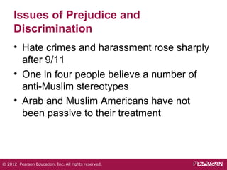 Issues of Prejudice and 
Discrimination 
• Hate crimes and harassment rose sharply 
after 9/11 
• One in four people believe a number of 
anti-Muslim stereotypes 
• Arab and Muslim Americans have not 
been passive to their treatment 
© 2012 Pearson Education, Inc. All rights reserved. 
 