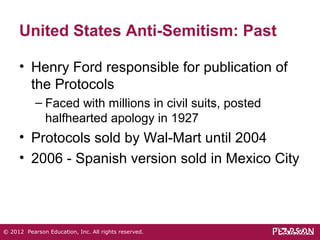 United States Anti-Semitism: Past 
• Henry Ford responsible for publication of 
the Protocols 
– Faced with millions in civil suits, posted 
halfhearted apology in 1927 
• Protocols sold by Wal-Mart until 2004 
• 2006 - Spanish version sold in Mexico City 
© 2012 Pearson Education, Inc. All rights reserved. 
 