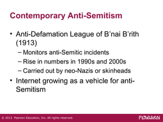 Contemporary Anti-Semitism 
• Anti-Defamation League of B’nai B’rith 
(1913) 
– Monitors anti-Semitic incidents 
– Rise in numbers in 1990s and 2000s 
– Carried out by neo-Nazis or skinheads 
• Internet growing as a vehicle for anti- 
Semitism 
© 2012 Pearson Education, Inc. All rights reserved. 
 