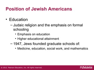 Position of Jewish Americans 
• Education 
– Judaic religion and the emphasis on formal 
schooling 
• Emphasis on education 
• Higher educational attainment 
– 1947, Jews founded graduate schools of: 
• Medicine, education, social work, and mathematics 
© 2012 Pearson Education, Inc. All rights reserved. 
 
