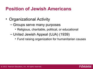 Position of Jewish Americans 
• Organizational Activity 
– Groups serve many purposes 
• Religious, charitable, political, or educational 
– United Jewish Appeal (UJA) (1939) 
• Fund raising organization for humanitarian causes 
© 2012 Pearson Education, Inc. All rights reserved. 
 