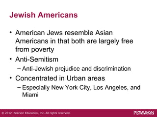 Jewish Americans 
• American Jews resemble Asian 
Americans in that both are largely free 
from poverty 
• Anti-Semitism 
– Anti-Jewish prejudice and discrimination 
• Concentrated in Urban areas 
– Especially New York City, Los Angeles, and 
Miami 
© 2012 Pearson Education, Inc. All rights reserved. 
 