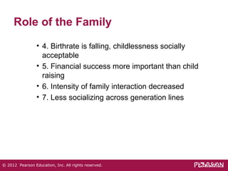 Role of the Family 
• 4. Birthrate is falling, childlessness socially 
acceptable 
• 5. Financial success more important than child 
raising 
• 6. Intensity of family interaction decreased 
• 7. Less socializing across generation lines 
© 2012 Pearson Education, Inc. All rights reserved. 
 