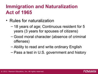Immigration and Naturalization 
Act of 1965 
• Rules for naturalization 
– 18 years of age; Continuous resident for 5 
years (3 years for spouses of citizens) 
– Good moral character (absence of criminal 
offenses) 
– Ability to read and write ordinary English 
– Pass a test in U.S. government and history 
© 2012 Pearson Education, Inc. All rights reserved. 
 