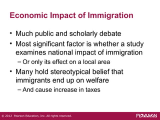 Economic Impact of Immigration 
• Much public and scholarly debate 
• Most significant factor is whether a study 
examines national impact of immigration 
– Or only its effect on a local area 
• Many hold stereotypical belief that 
immigrants end up on welfare 
– And cause increase in taxes 
© 2012 Pearson Education, Inc. All rights reserved. 
 