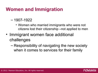 Women and Immigration 
– 1907-1922 
• Women who married immigrants who were not 
citizens lost their citizenship –not applied to men 
• Immigrant women face additional 
challenges 
– Responsibility of navigating the new society 
when it comes to services for their family 
© 2012 Pearson Education, Inc. All rights reserved. 
 