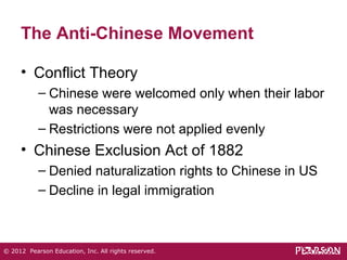 The Anti-Chinese Movement 
• Conflict Theory 
– Chinese were welcomed only when their labor 
was necessary 
– Restrictions were not applied evenly 
• Chinese Exclusion Act of 1882 
– Denied naturalization rights to Chinese in US 
– Decline in legal immigration 
© 2012 Pearson Education, Inc. All rights reserved. 
 