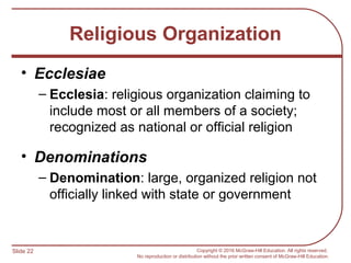 Slide 22 Copyright © 2016 McGraw-Hill Education. All rights reserved.
No reproduction or distribution without the prior written consent of McGraw-Hill Education.
Religious Organization
• Ecclesiae
– Ecclesia: religious organization claiming to
include most or all members of a society;
recognized as national or official religion
• Denominations
– Denomination: large, organized religion not
officially linked with state or government
 