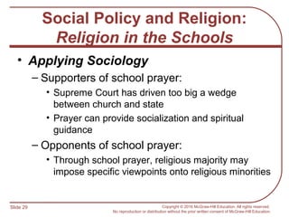 Slide 29 Copyright © 2016 McGraw-Hill Education. All rights reserved.
No reproduction or distribution without the prior written consent of McGraw-Hill Education.
Social Policy and Religion:
Religion in the Schools
• Applying Sociology
– Supporters of school prayer:
• Supreme Court has driven too big a wedge
between church and state
• Prayer can provide socialization and spiritual
guidance
– Opponents of school prayer:
• Through school prayer, religious majority may
impose specific viewpoints onto religious minorities
 