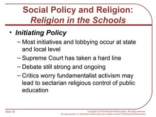 Slide 30 Copyright © 2016 McGraw-Hill Education. All rights reserved.
No reproduction or distribution without the prior written consent of McGraw-Hill Education.
Social Policy and Religion:
Religion in the Schools
• Initiating Policy
– Most initiatives and lobbying occur at state
and local level
– Supreme Court has taken a hard line
– Debate still strong and ongoing
– Critics worry fundamentalist activism may
lead to sectarian religious control of public
education
 