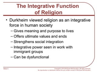 Slide 5 Copyright © 2016 McGraw-Hill Education. All rights reserved.
No reproduction or distribution without the prior written consent of McGraw-Hill Education.
The Integrative Function
of Religion
• Durkheim viewed religion as an integrative
force in human society
– Gives meaning and purpose to lives
– Offers ultimate values and ends
– Strengthens social integration
– Integrative power seen in work with
immigrant groups
– Can be dysfunctional
 