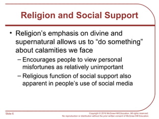 Slide 6 Copyright © 2016 McGraw-Hill Education. All rights reserved.
No reproduction or distribution without the prior written consent of McGraw-Hill Education.
Religion and Social Support
• Religion’s emphasis on divine and
supernatural allows us to “do something”
about calamities we face
– Encourages people to view personal
misfortunes as relatively unimportant
– Religious function of social support also
apparent in people’s use of social media
 