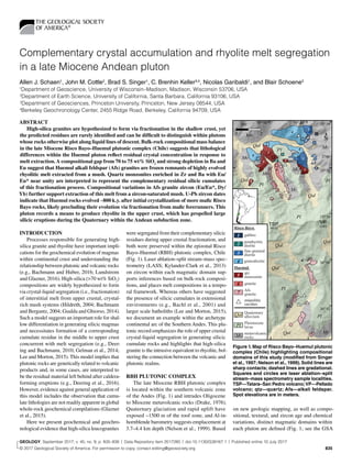 GEOLOGY | Volume 45 | Number 9 | www.gsapubs.org 835
Complementary crystal accumulation and rhyolite melt segregation
in a late Miocene Andean pluton
Allen J. Schaen1
, John M. Cottle2
, Brad S. Singer1
, C. Brenhin Keller3,4
, Nicolas Garibaldi1
, and Blair Schoene3
1
Department of Geoscience, University of Wisconsin–Madison, Madison, Wisconsin 53706, USA
2
Department of Earth Science, University of California, Santa Barbara, California 93106, USA
3
Department of Geosciences, Princeton University, Princeton, New Jersey 08544, USA
4
Berkeley Geochronology Center, 2455 Ridge Road, Berkeley, California 94709, USA
ABSTRACT
High-silica granites are hypothesized to form via fractionation in the shallow crust, yet
the predicted residues are rarely identified and can be difficult to distinguish within plutons
whose rocks otherwise plot along liquid lines of descent. Bulk-rock compositional mass balance
in the late Miocene Risco Bayo–Huemul plutonic complex (Chile) suggests that lithological
differences within the Huemul pluton reflect residual crystal concentration in response to
melt extraction.A compositional gap from 70 to 75 wt% SiO2
and strong depletion in Ba and
Eu suggest that Huemul alkali feldspar (Afs) granites are frozen remnants of highly evolved
rhyolitic melt extracted from a mush. Quartz monzonites enriched in Zr and Ba with Eu/
Eu* near unity are interpreted to represent the complementary residual silicic cumulates
of this fractionation process. Compositional variations in Afs granite zircon (Eu/Eu*, Dy/
Yb) further support extraction of this melt from a zircon-saturated mush. U-Pb zircon dates
indicate that Huemul rocks evolved ~800 k.y. after initial crystallization of more mafic Risco
Bayo rocks, likely precluding their evolution via fractionation from mafic forerunners. This
pluton records a means to produce rhyolite in the upper crust, which has propelled large
silicic eruptions during the Quaternary within the Andean subduction zone.
INTRODUCTION
Processes responsible for generating high-
silica granite and rhyolite have important impli-
cations for the geochemical evolution of magmas
within continental crust and understanding the
relationship between plutonic and volcanic rocks
(e.g., Bachmann and Huber, 2016; Lundstrom
and Glazner, 2016). High-silica (>70 wt% SiO2
)
compositions are widely hypothesized to form
via crystal-liquid segregation (i.e., fractionation)
of interstitial melt from upper crustal, crystal-
rich mush systems (Hildreth, 2004; Bachmann
and Bergantz, 2004; Gualda and Ghiorso, 2014).
Such a model suggests an important role for shal-
low differentiation in generating silicic magmas
and necessitates formation of a corresponding
cumulate residue in the middle to upper crust
concurrent with melt segregation (e.g., Deer-
ing and Bachmann, 2010; Gelman et al., 2014;
Lee and Morton, 2015). This model implies that
plutonic rocks are genetically related to volcanic
products and, in some cases, are interpreted to
be the residual material left behind after caldera-
forming eruptions (e.g., Deering et al., 2016).
However, evidence against general application of
this model includes the observation that cumu-
late lithologies are not readily apparent in global
whole-rock geochemical compilations (Glazner
et al., 2015).
Here we present geochemical and geochro-
nological evidence that high-silica leucogranites
were segregated from their complementary silicic
residues during upper crustal fractionation, and
both were preserved within the epizonal Risco
Bayo–Huemul (RBH) plutonic complex, Chile
(Fig. 1). Laser ablation–split stream–mass spec-
trometry (LASS; Kylander-Clark et al., 2013)
on zircon within each magmatic domain sup-
ports inferences based on bulk-rock composi-
tions, and places melt compositions in a tempo-
ral framework. Whereas others have suggested
the presence of silicic cumulates in extensional
environments (e.g., Bachl et al., 2001) and
larger scale batholiths (Lee and Morton, 2015),
we document an example within the archetype
continental arc of the Southern Andes. This plu-
tonic record emphasizes the role of upper crustal
crystal-liquid segregation in generating silicic
cumulate rocks and highlights that high-silica
granite is the intrusive equivalent to rhyolite, bol-
stering the connection between the volcanic and
plutonic realms.
RBH PLUTONIC COMPLEX
The late Miocene RBH plutonic complex
is located within the southern volcanic zone
of the Andes (Fig. 1) and intrudes Oligocene
to Miocene metavolcanic rocks (Drake, 1976).
Quaternary glaciation and rapid uplift have
exposed ~1500 m of the roof zone, and Al-in-
hornblende barometry suggests emplacement at
3.7–4.4 km depth (Nelson et al., 1999). Based
on new geologic mapping, as well as compo-
sitional, textural, and zircon age and chemical
variations, distinct magmatic domains within
each pluton are defined (Fig. 1; see the GSA
GEOLOGY, September 2017; v. 45; no. 9; p. 835–838 | Data Repository item 2017280 | doi:10.1130/G39167.1 | Published online 10 July 2017
© 2017 Geological Society of America. For permission to copy, contact editing@geosociety.org.
"""""""""""""
""""""""
""""""""
35° 54’
35° 56’
35° 58’
36° 00’
36° 02’
70° 50’ 70° 48’
VP
70° 52’
N
3285TSP
3616
2515
2700
Pl
Pl
Pl
Pl
Pl
Pl
Qal
Qal
Qal
Qal
Qal
Huemul
qtz
monzonite
granite
Afs
granite
Risco Bayo
fine-grained
diorite
granodiorite
porphyritic
diorite
gabbro
metavolcanic
rocks
Pleistocene
lavas
Quaternary
alluvium
miarolitic
cavities
Pl
Qal
Mv
Mv
Mv
Mv
Mv
Mv
Mv
Mv
Mv
1
2
3
4
4
4
5
6 7
7
5
1
3
5
5
7
7
7
7
7
3
7
7
3
Qal
Qal
20 km
5
3
1
2
3
4
5
6
7
Figure 1. Map of Risco Bayo–Huemul plutonic
complex (Chile) highlighting compositional
domains of this study (modified from Singer
et al., 1997; Nelson et al., 1999). Solid lines are
sharp contacts; dashed lines are gradational.
Squares and circles are laser ablation–split
stream–mass spectrometry sample localities.
TSP—Tatara–San Pedro volcano;VP—Pellado
volcano; qtz—quartz; Afs—alkali feldspar.
Spot elevations are in meters.
 