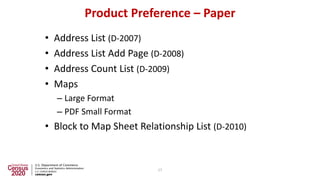 Product Preference – Paper
• Address List (D-2007)
• Address List Add Page (D-2008)
• Address Count List (D-2009)
• Maps
–...