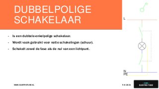 DUBBELPOLIGE
SCHAKELAAR
- Is een dubbele-enkelpolige schakelaar.
- Wordt vaak gebruikt voor natte schakelingen (schuur).
- Schakelt zowel de fase als de nul van een lichtpunt.
9-8-2021
WWW.ELEKTROTUBE.NL 6
 