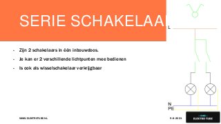 SERIE SCHAKELAAR
- Zijn 2 schakelaars in één inbouwdoos.
- Je kan er 2 verschillende lichtpunten mee bedienen
- Is ook als wisselschakelaar verkrijgbaar
9-8-2021
WWW.ELEKTROTUBE.NL 8
 