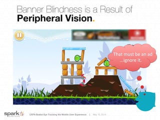 UXPA Boston Eye Tracking the Mobile User Experience | May 15, 2014
	
  	
  	
  	
  That	
  must	
  be	
  an	
  ad	
  
...ignore	
  it.	
  
Banner Blindness is a Result of
Peripheral Vision.
 