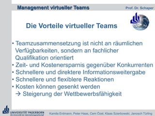Die Vorteile der Telearbeit (2/2) weniger störendes und unterbrechendes Umfeld eigene Gestaltung des Arbeitsumfeldes Daten können koordiniert eingesetzt werden  (SAP,...) Die Arbeitszeiten können flexibler gestaltet werdenProbleme der Telearbeit für Manager