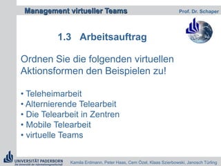 Die Merkmale virtueller Teams  Virtuelle Teams sind Gruppen von zwei oder  mehr Personen, die gebildet werden, um  gemeinsame Ziele zu erledigen. Die Mitglieder können ortsunabhängig Leistungen  erbringen Die Projektorganisation koordiniert den Ablauf