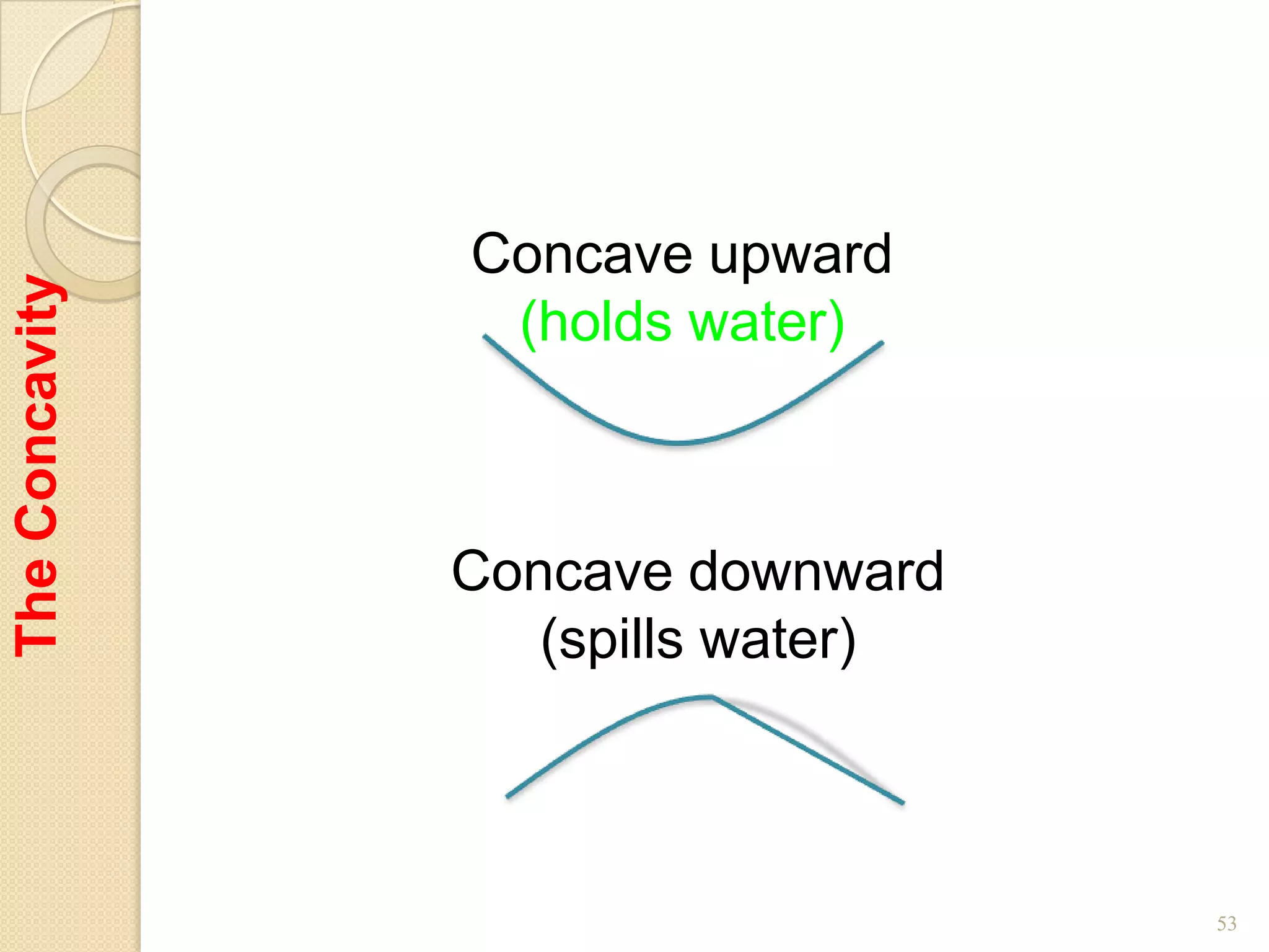Concave upward
The Concavity




                 (holds water)



                Concave downward
                   (spills water)



                                    53
 